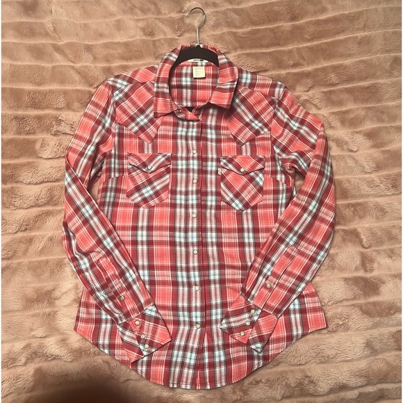 Vintage Levi’s Western Pearl Snap Button Shirt in Red Plaid Size L - Picture 2 of 3